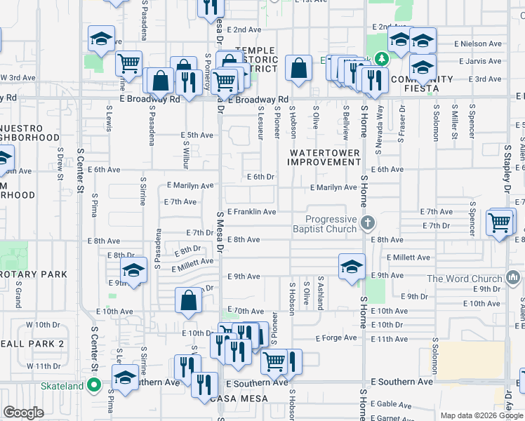 map of restaurants, bars, coffee shops, grocery stores, and more near 507 East Franklin Avenue in Mesa