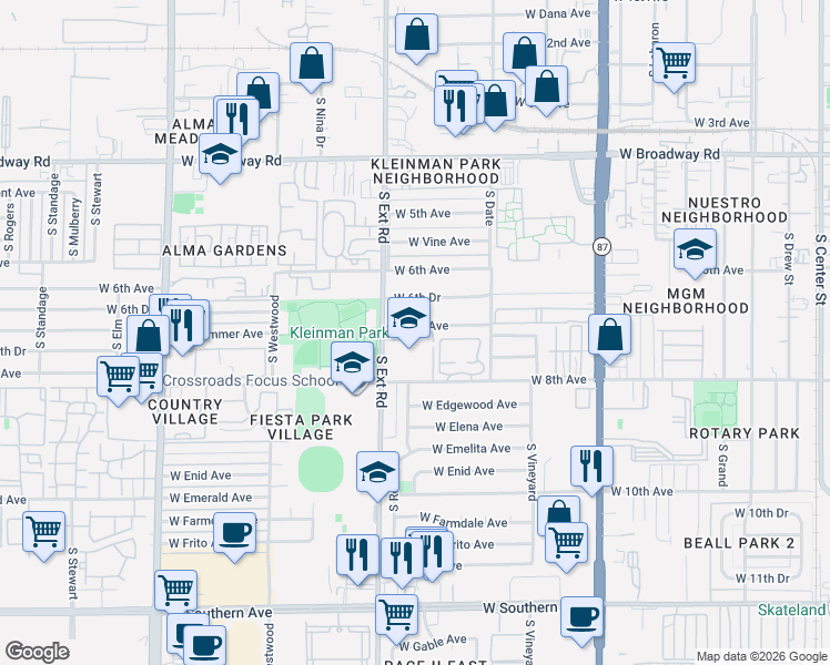 map of restaurants, bars, coffee shops, grocery stores, and more near 715 South Extension Road in Mesa