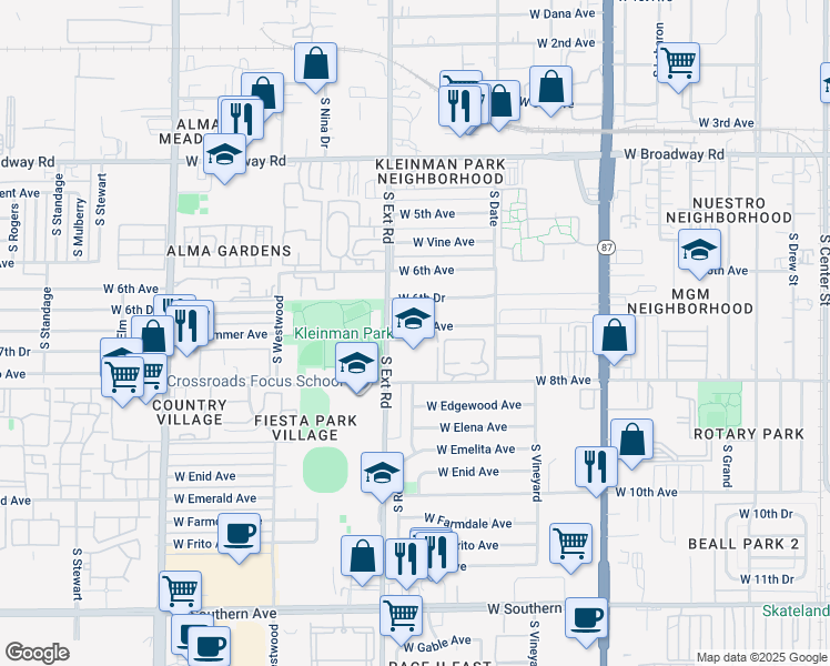 map of restaurants, bars, coffee shops, grocery stores, and more near 715 South Extension Road in Mesa
