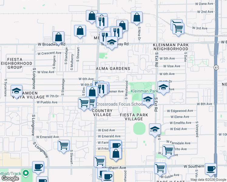 map of restaurants, bars, coffee shops, grocery stores, and more near 1109 West Drummer Avenue in Mesa