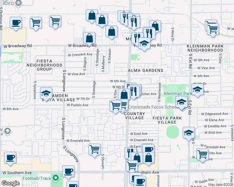 map of restaurants, bars, coffee shops, grocery stores, and more near 657 South Elm in Mesa