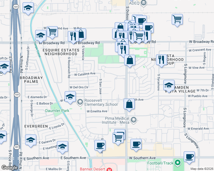 map of restaurants, bars, coffee shops, grocery stores, and more near 2124 West Del Oro Circle in Mesa