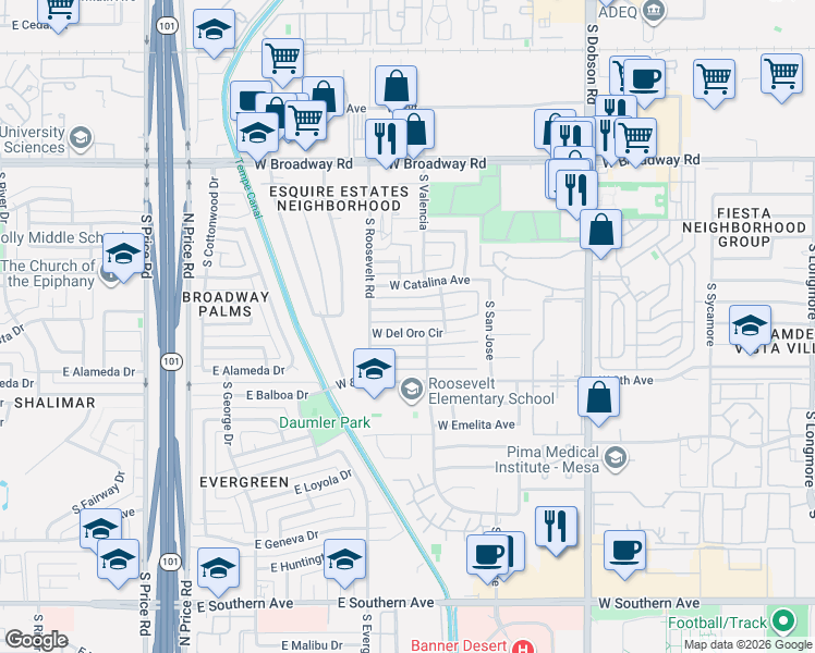 map of restaurants, bars, coffee shops, grocery stores, and more near 2326 West Del Oro Circle in Mesa