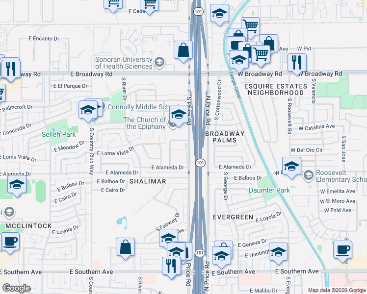 map of restaurants, bars, coffee shops, grocery stores, and more near 2174 East Loma Vista Drive in Tempe