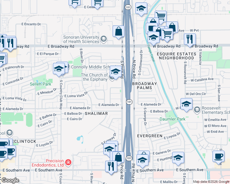 map of restaurants, bars, coffee shops, grocery stores, and more near 2174 East Loma Vista Drive in Tempe