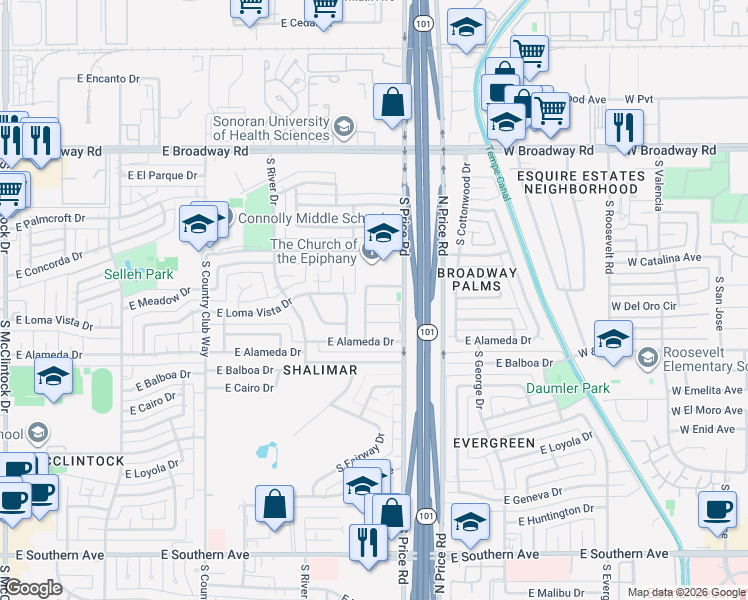 map of restaurants, bars, coffee shops, grocery stores, and more near 2610 South Siesta Drive in Tempe