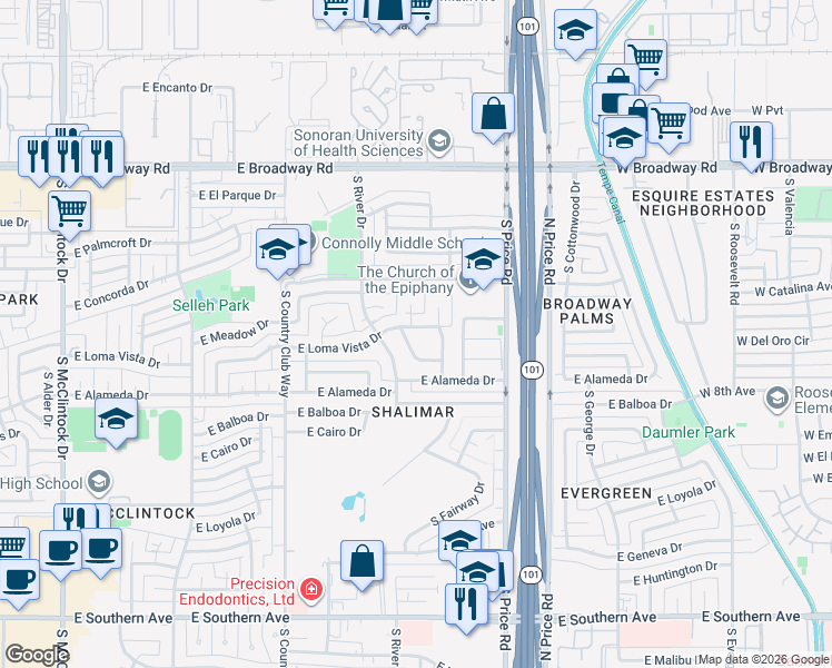 map of restaurants, bars, coffee shops, grocery stores, and more near 2611 South Shannon Drive in Tempe