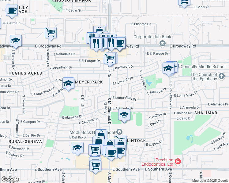 map of restaurants, bars, coffee shops, grocery stores, and more near 2644 South Alder Drive in Tempe