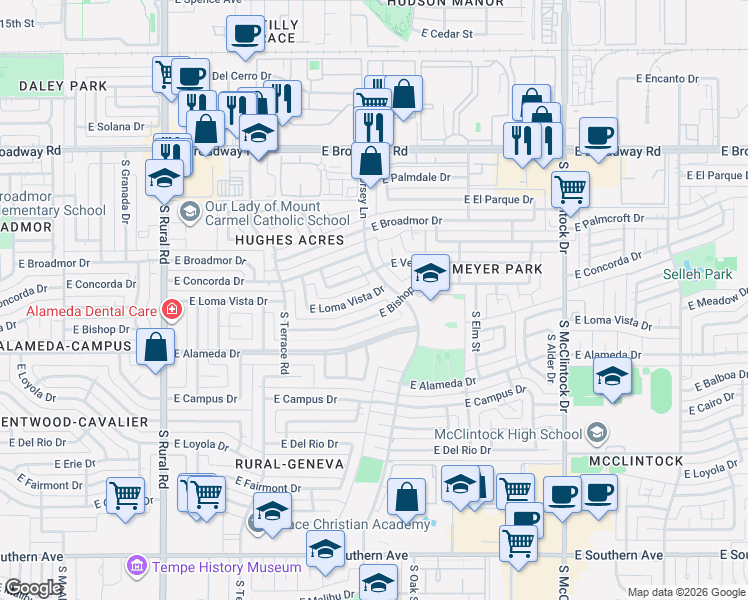 map of restaurants, bars, coffee shops, grocery stores, and more near 1245 East Loma Vista Drive in Tempe