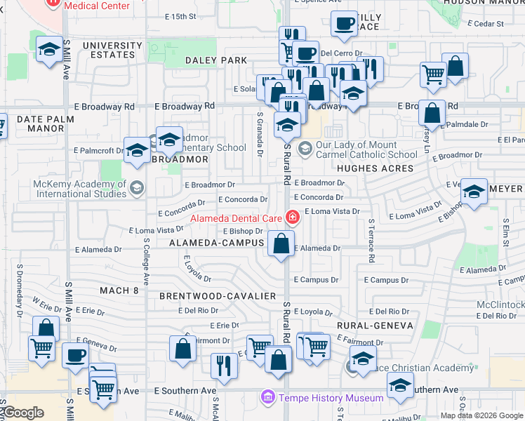 map of restaurants, bars, coffee shops, grocery stores, and more near 612 East Loma Vista Drive in Tempe