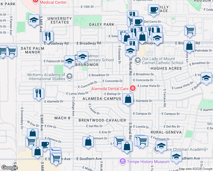 map of restaurants, bars, coffee shops, grocery stores, and more near 512 East Loma Vista Drive in Tempe