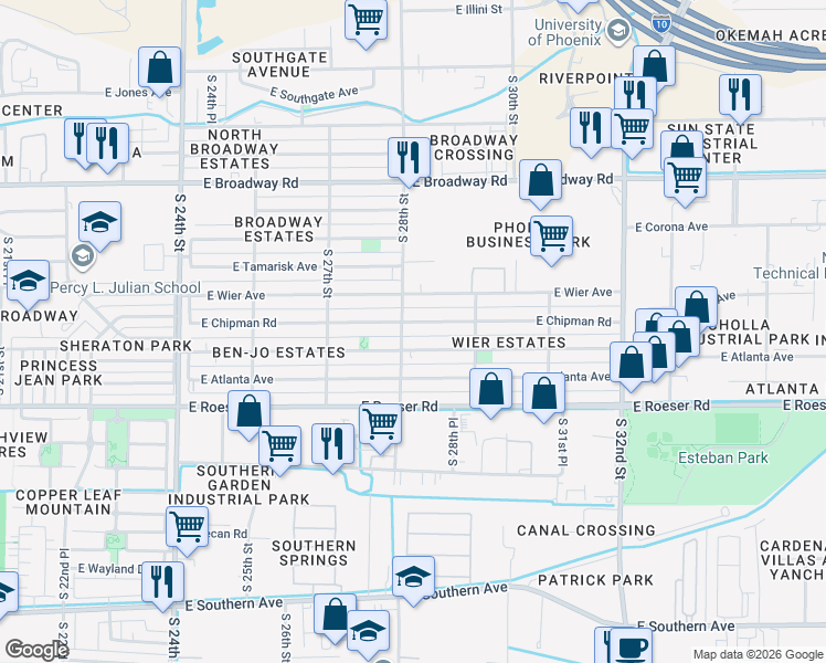 map of restaurants, bars, coffee shops, grocery stores, and more near 2761 East Chipman Road in Phoenix