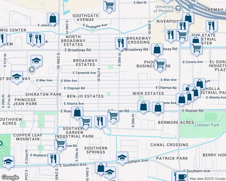 map of restaurants, bars, coffee shops, grocery stores, and more near 2761 East Chipman Road in Phoenix