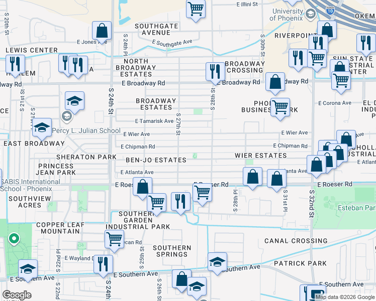 map of restaurants, bars, coffee shops, grocery stores, and more near 2731 East Chipman Road in Phoenix