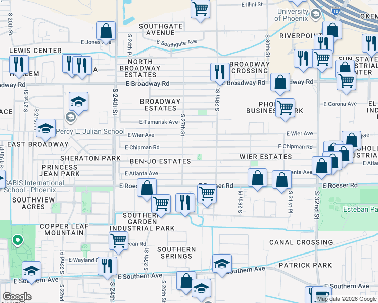 map of restaurants, bars, coffee shops, grocery stores, and more near 2731 East Chipman Road in Phoenix