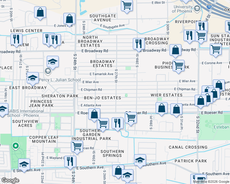 map of restaurants, bars, coffee shops, grocery stores, and more near 2559 East Chipman Road in Phoenix