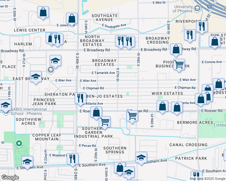 map of restaurants, bars, coffee shops, grocery stores, and more near 2559 East Chipman Road in Phoenix
