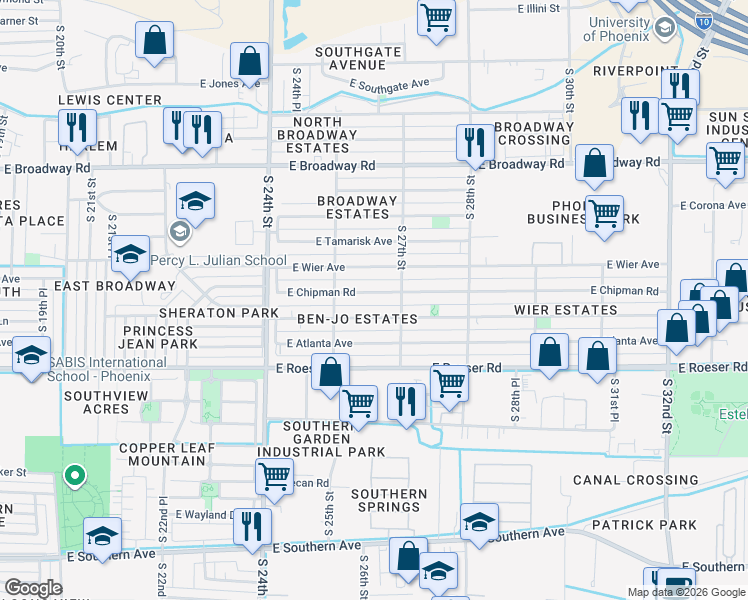 map of restaurants, bars, coffee shops, grocery stores, and more near 2517 East Chipman Road in Phoenix