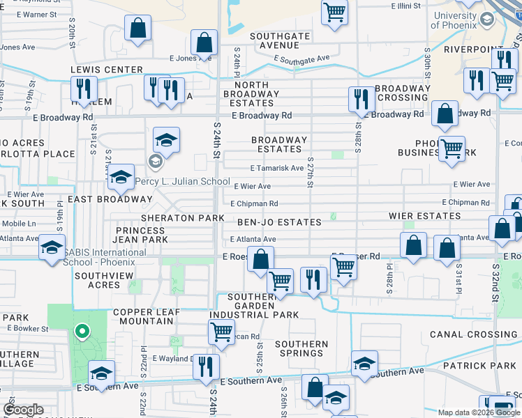 map of restaurants, bars, coffee shops, grocery stores, and more near 2445 East Chipman Road in Phoenix