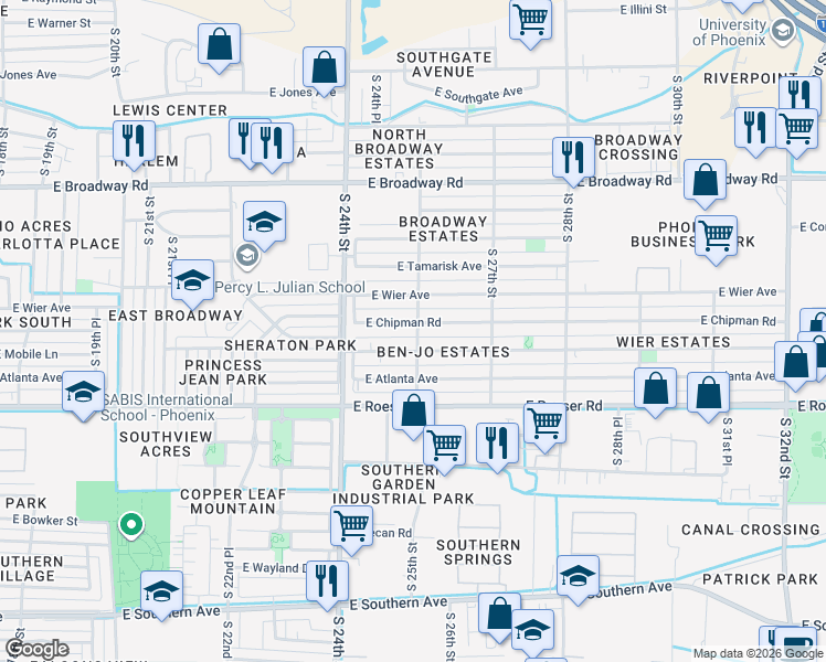 map of restaurants, bars, coffee shops, grocery stores, and more near 2445 East Chipman Road in Phoenix