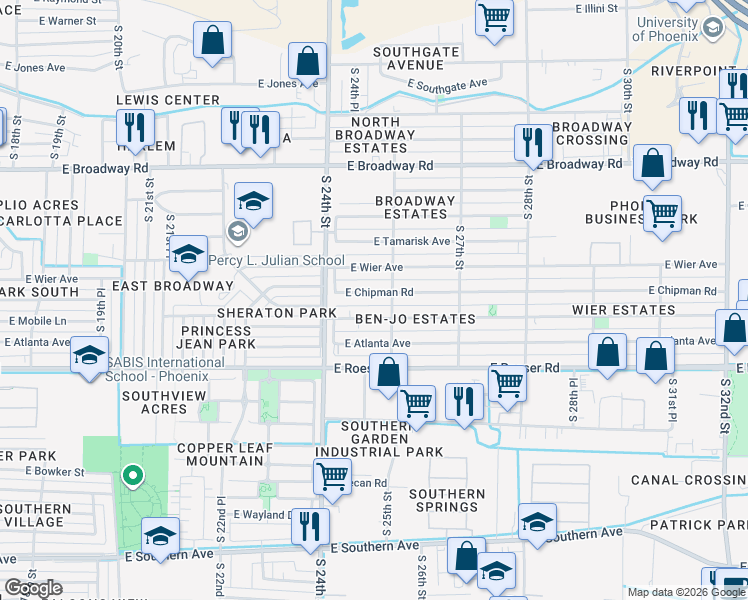 map of restaurants, bars, coffee shops, grocery stores, and more near 2445 East Chipman Road in Phoenix