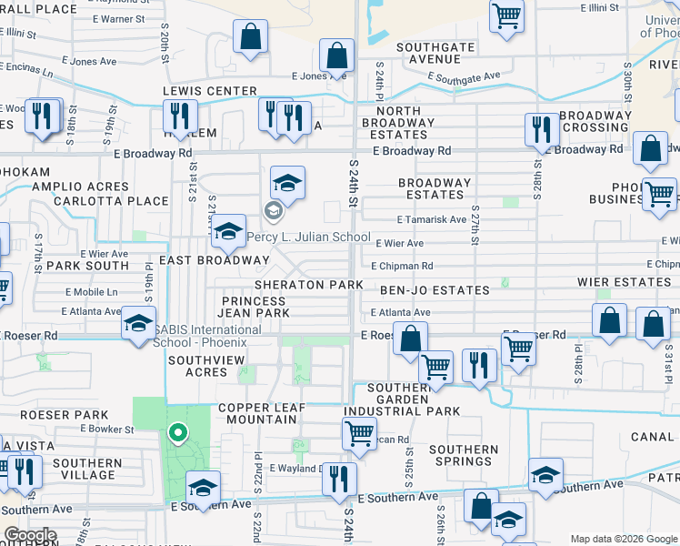 map of restaurants, bars, coffee shops, grocery stores, and more near 2344 East School Drive in Phoenix