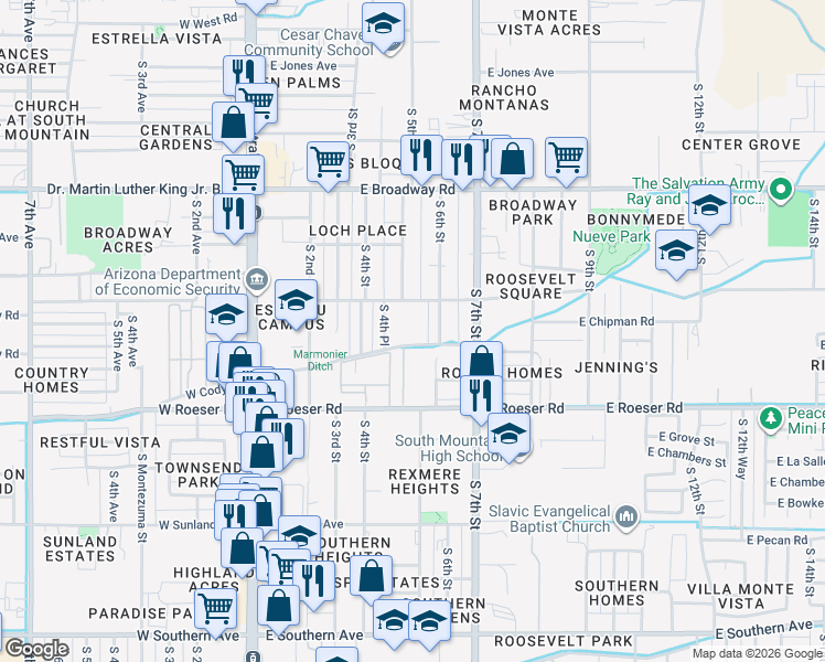 map of restaurants, bars, coffee shops, grocery stores, and more near 518 East Cody Drive in Phoenix