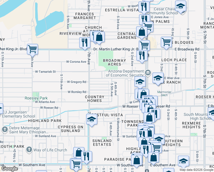 map of restaurants, bars, coffee shops, grocery stores, and more near 527 West Chipman Road in Phoenix