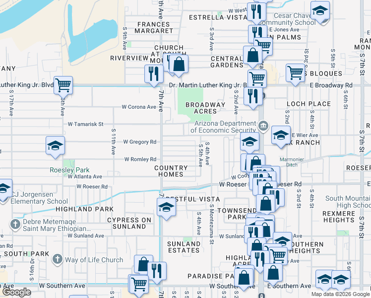 map of restaurants, bars, coffee shops, grocery stores, and more near 527 West Chipman Road in Phoenix