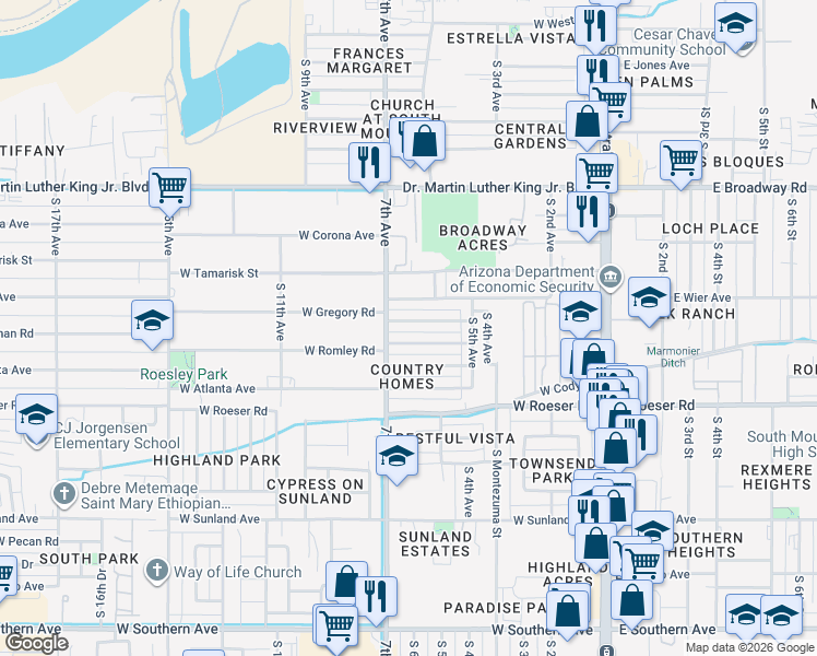 map of restaurants, bars, coffee shops, grocery stores, and more near 637 West Chipman Road in Phoenix