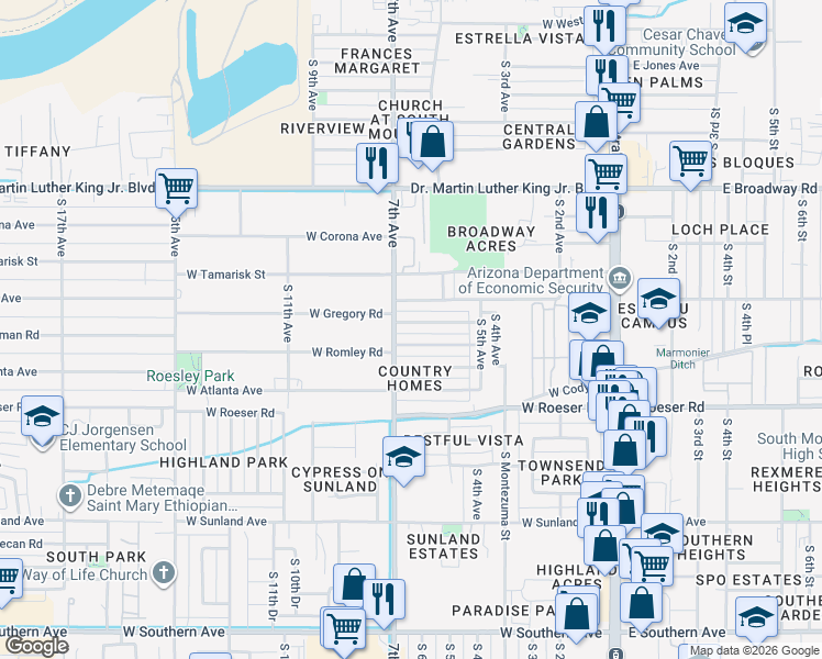 map of restaurants, bars, coffee shops, grocery stores, and more near 637 West Chipman Road in Phoenix