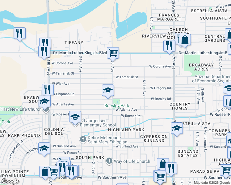 map of restaurants, bars, coffee shops, grocery stores, and more near 1502 West Chipman Road in Phoenix