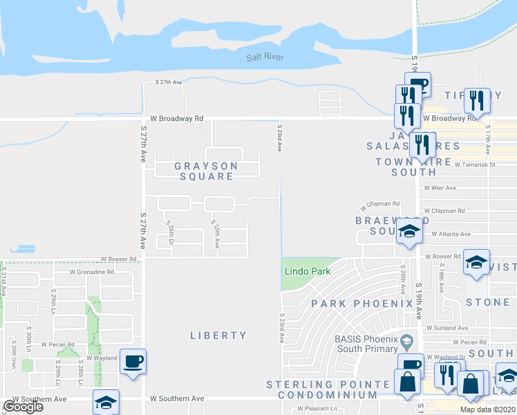 map of restaurants, bars, coffee shops, grocery stores, and more near 4815 South 23rd Drive in Phoenix