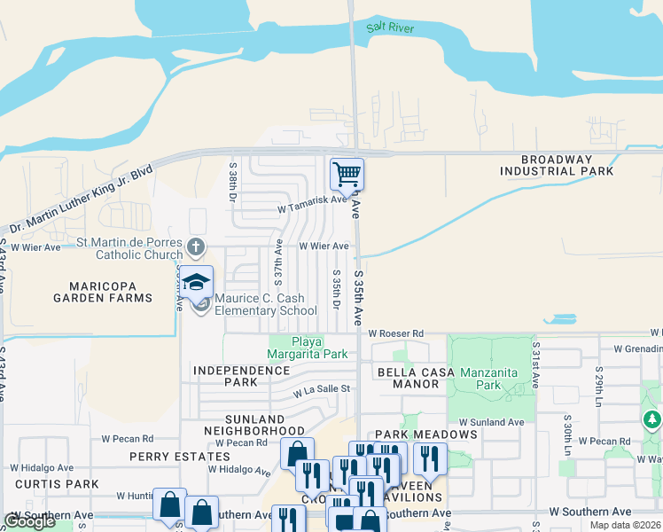 map of restaurants, bars, coffee shops, grocery stores, and more near 4825 South 36th Avenue in Phoenix