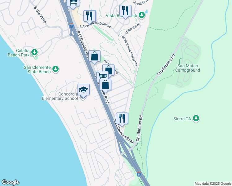 map of restaurants, bars, coffee shops, grocery stores, and more near 120 Avenida Dolores in San Clemente