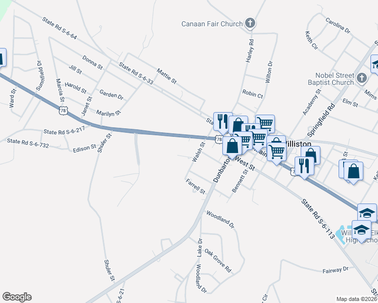 map of restaurants, bars, coffee shops, grocery stores, and more near 182 Walsh Street in Williston