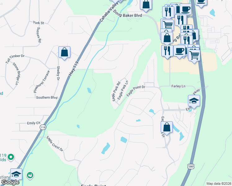 map of restaurants, bars, coffee shops, grocery stores, and more near 1129 Eagle Park Road in Birmingham