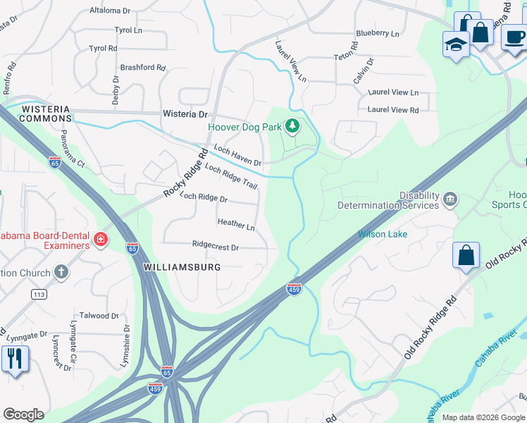 map of restaurants, bars, coffee shops, grocery stores, and more near 3467-3471 Loch Ridge Trail in Hoover