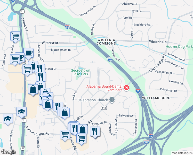 map of restaurants, bars, coffee shops, grocery stores, and more near 2193 Myrtlewood Drive in Birmingham