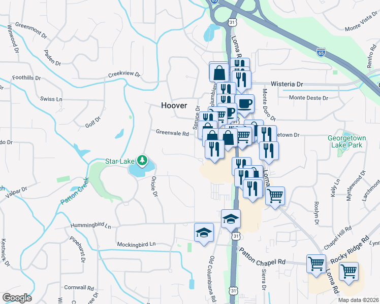 map of restaurants, bars, coffee shops, grocery stores, and more near 1850 Valgreen Lane in Hoover