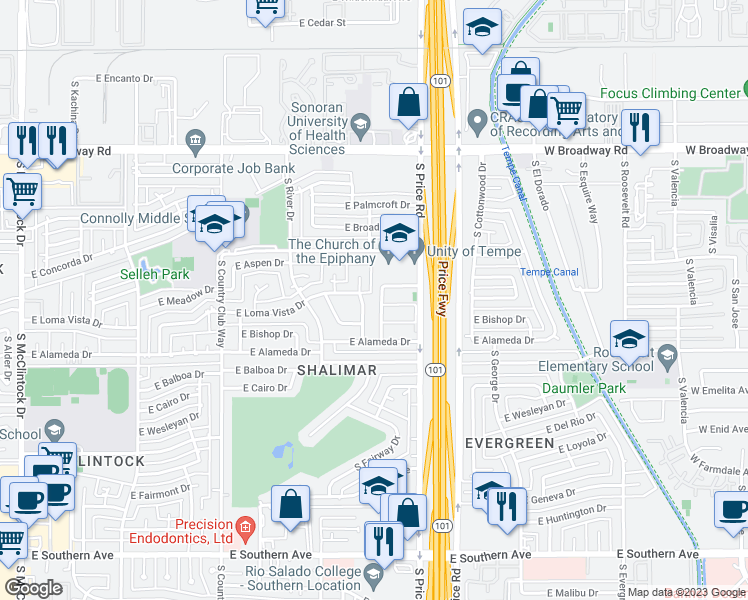 map of restaurants, bars, coffee shops, grocery stores, and more near 2610 South Siesta Drive in Tempe