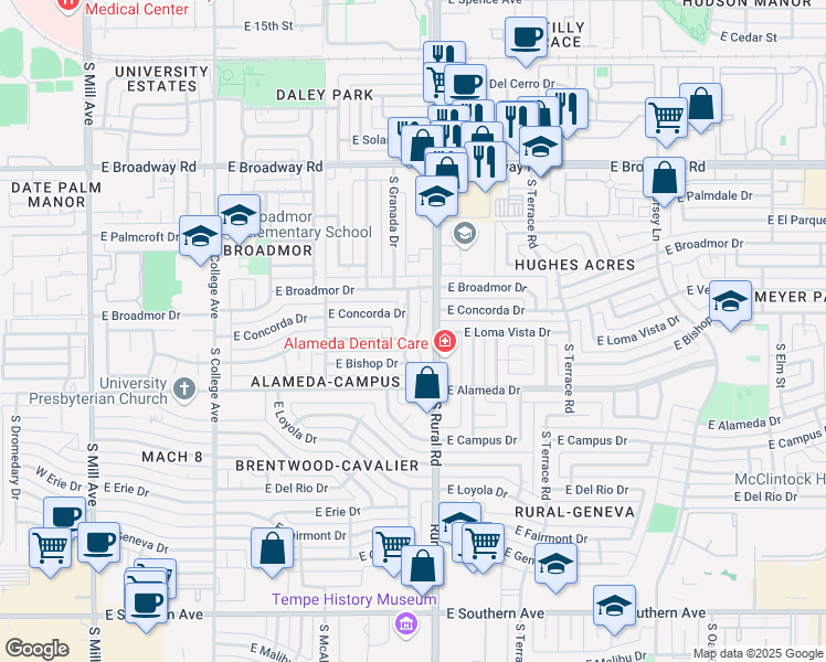 map of restaurants, bars, coffee shops, grocery stores, and more near 2417 South Palm Drive in Tempe