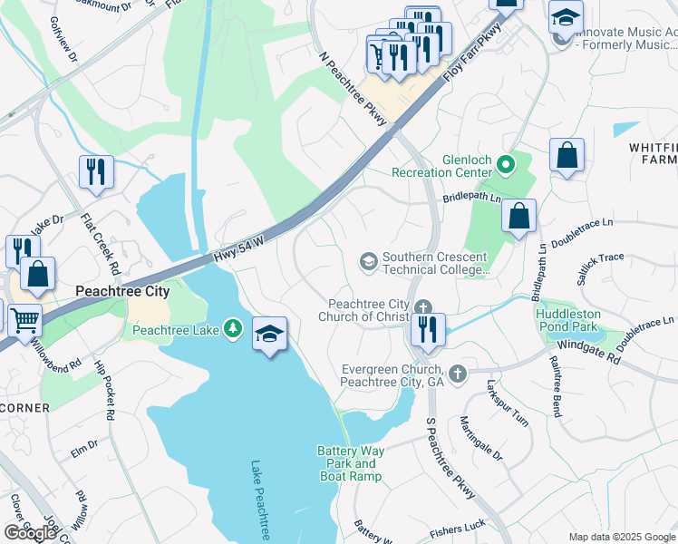 map of restaurants, bars, coffee shops, grocery stores, and more near 108 Brookwood Path in Peachtree City