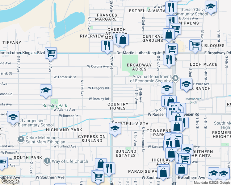map of restaurants, bars, coffee shops, grocery stores, and more near 637 West Chipman Road in Phoenix