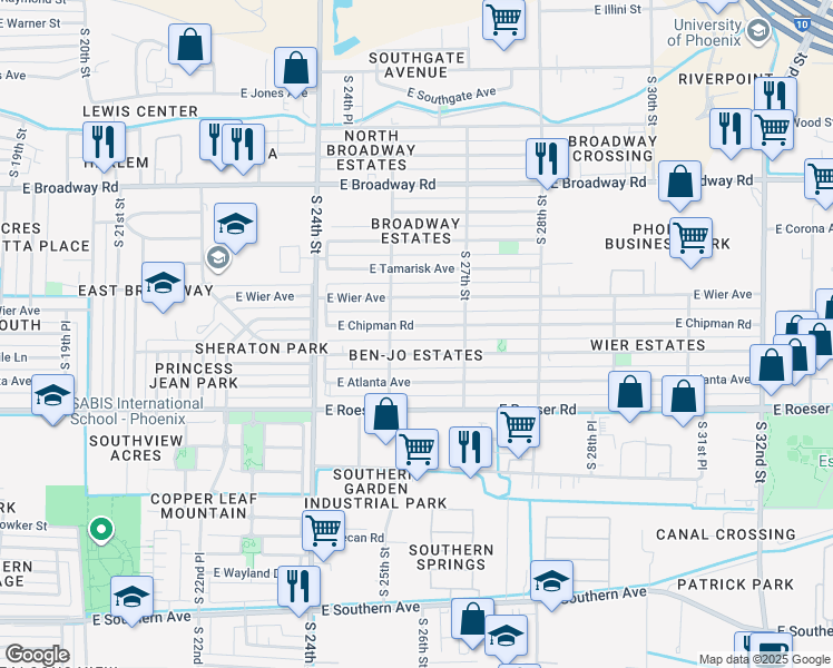 map of restaurants, bars, coffee shops, grocery stores, and more near 2517 East Chipman Road in Phoenix