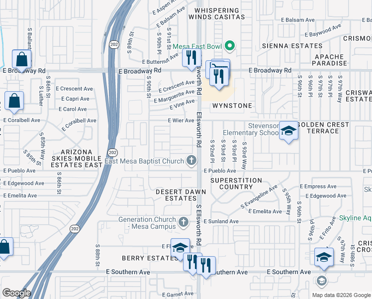 map of restaurants, bars, coffee shops, grocery stores, and more near Mobile Home Park in Mesa