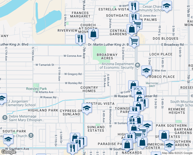 map of restaurants, bars, coffee shops, grocery stores, and more near 527 W Chipman Rd in Phoenix