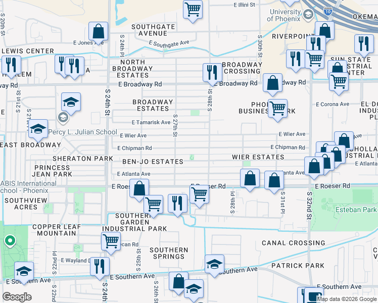 map of restaurants, bars, coffee shops, grocery stores, and more near 2731 East Chipman Road in Phoenix
