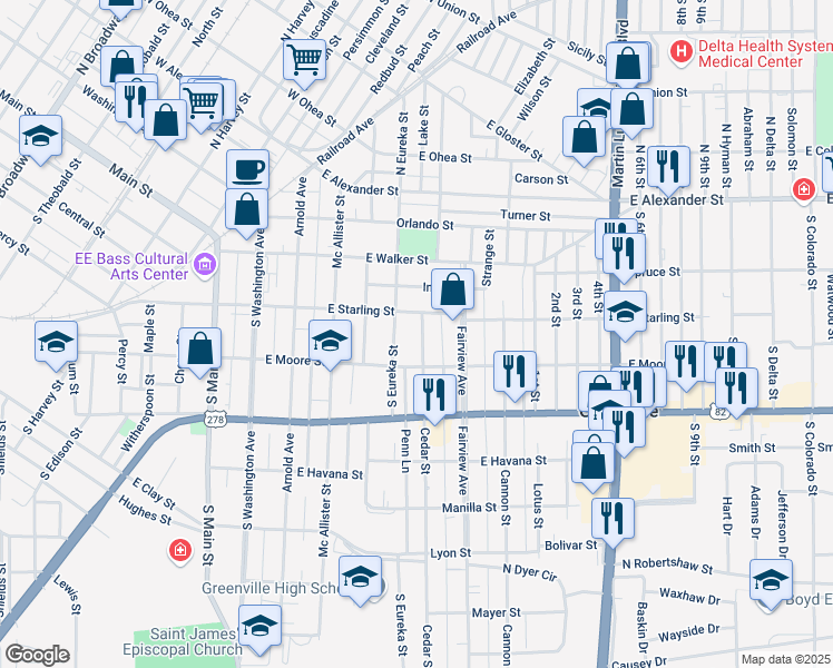 map of restaurants, bars, coffee shops, grocery stores, and more near 423 Cedar Street in Greenville