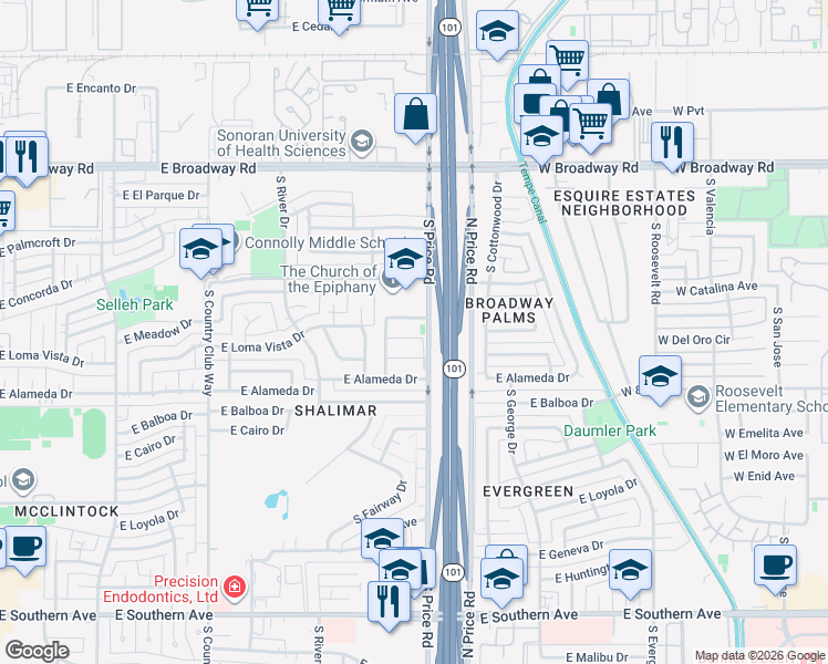 map of restaurants, bars, coffee shops, grocery stores, and more near 2174 East Loma Vista Drive in Tempe